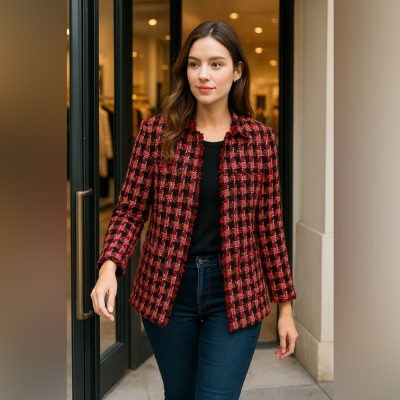 Chico's Jackets & Blazers - Chico’s Red Black Tweed Houndstooth Fringe Jacket Blazer 1P Office Wear Holiday